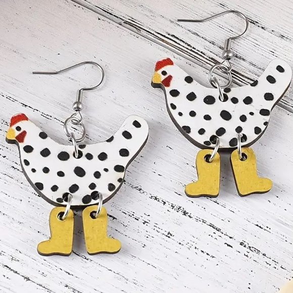 Chicken Earrings with Boots Wood Dangle Hen Whimsical Ornament Farm Country NEW - Picture 2 of 4